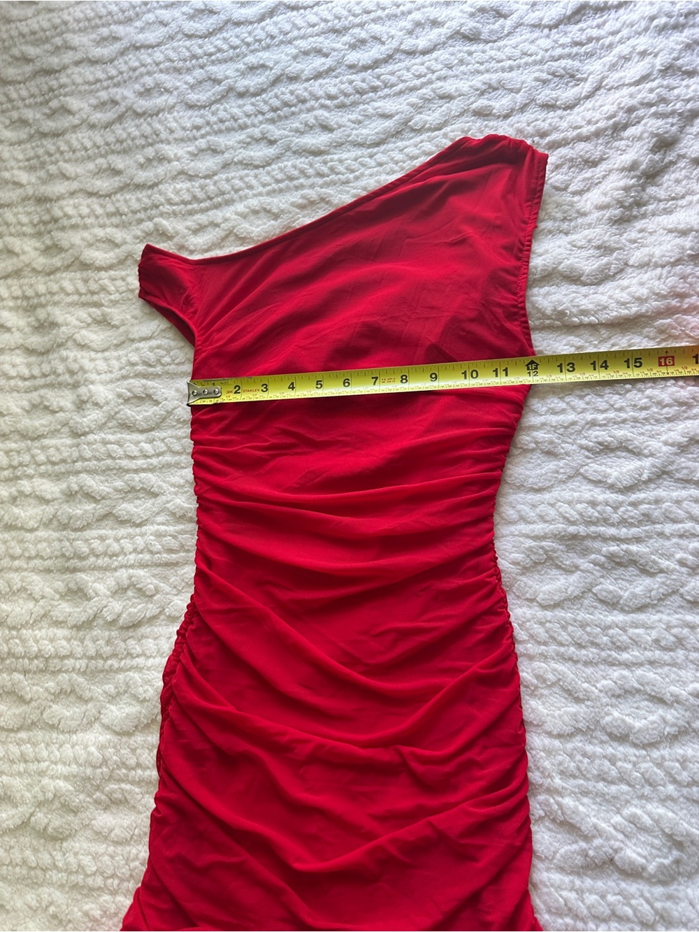 Red One-Shoulder Ruched Ruffle Mini Dress - Picture 4 of 6
